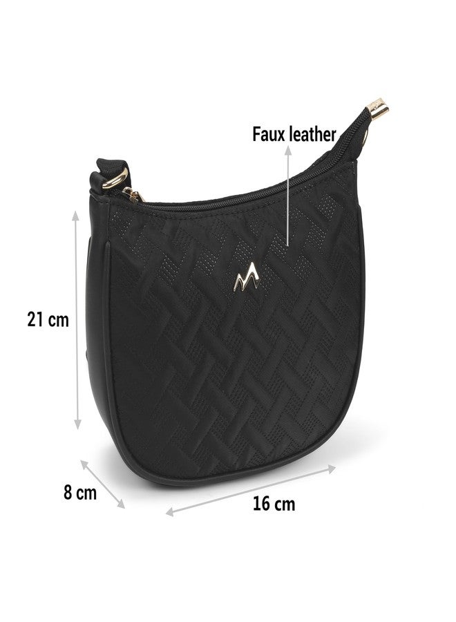 Metro Women Black Casual Fabric Soft Body Zipper closure Quilted Sling Bag (66-777) - Image 4